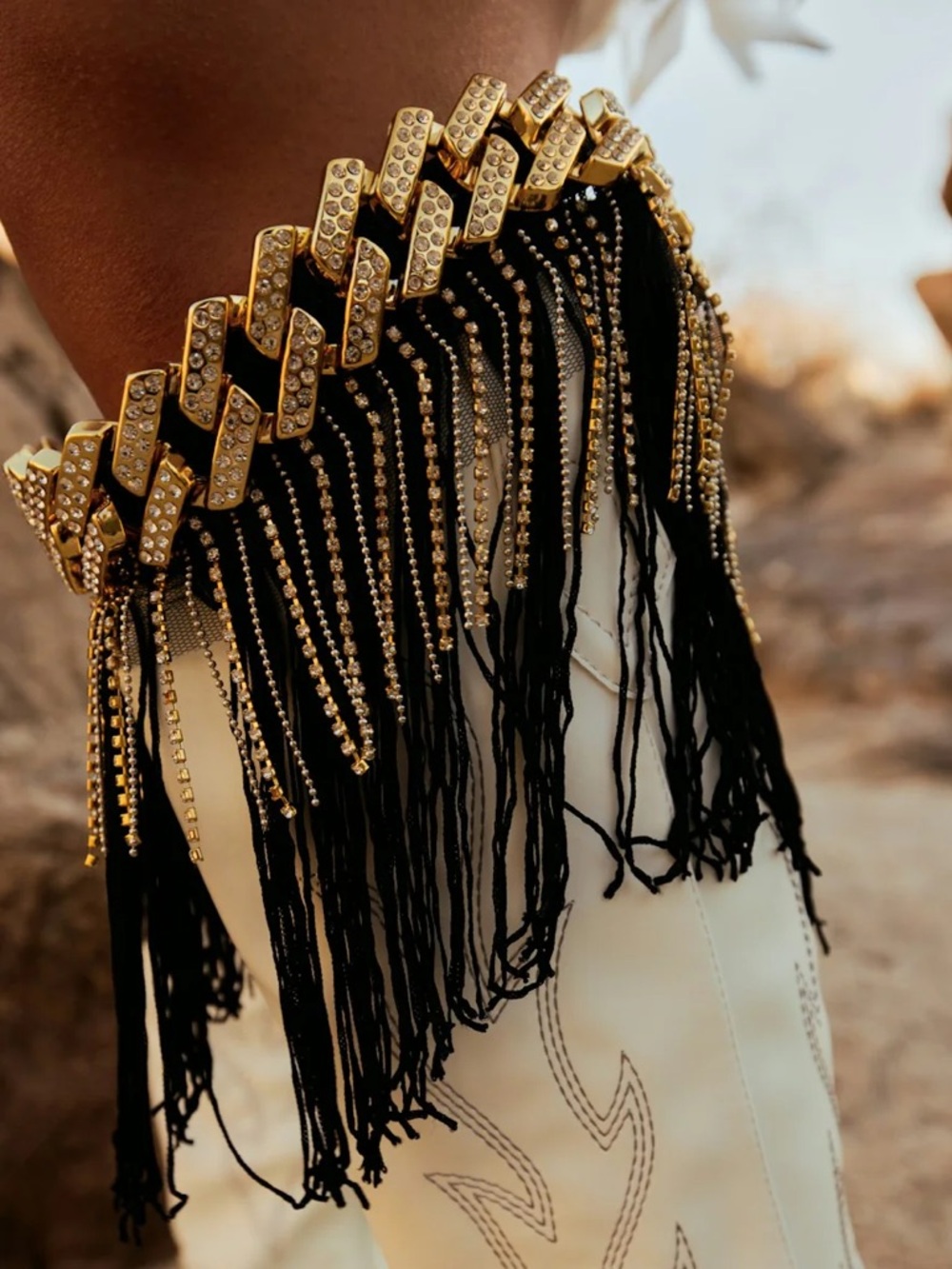 Gold Crystal Chain Fringe Boot Bling with Black Tassels